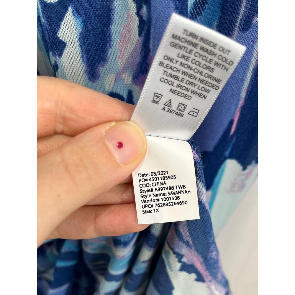 LOGO Size 1X Plus Lori Goldstein Printed 3/4 Sleeve Sheer Mesh Top Twilight Blue - Picture 6 of 6